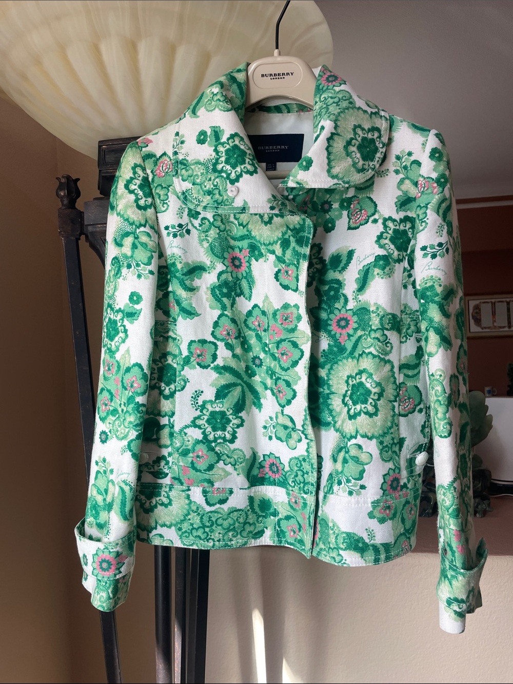Beautiful linen blend Burberry White Jacket with Green Floral Print